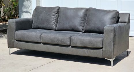 Gray Leather 3-Seat Sofa with Metal Legs