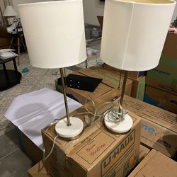 Set Of Two Gold And Faux White Marble Lamps 