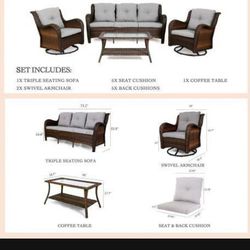 Brand New Patio Sofa Set With Swivel Chairs Swivel Rocking Chairs Available In Brown Light Gray And Dark Gray Cushions Brand New 🆕✈️🚛🆕