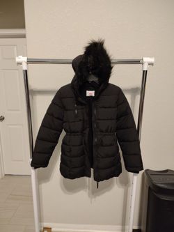 the children's place black girls long sleeve faux fur hooded long puffer jacket, size XL(14)