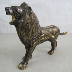Lion Roaring Solid Brass Etched Design Sculpture 11" Length



