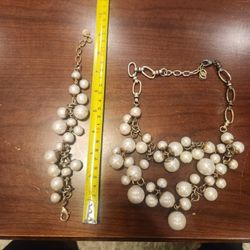 Stella and Dot Daphne Pearl Bauble Statement Gold Tone Layered Necklace and Bracelet set