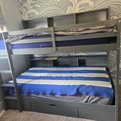 Gray Twin Size Bunk Bed with Built-in Shelves and Storage Drawer