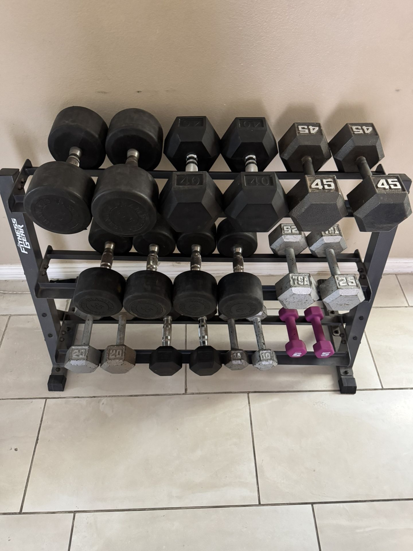 Dumbbells weights 5-50lbs plus rack