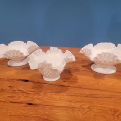 3 Vintage Fenton Hobnail White Milk Glass Bowls Candle Holders Ruffled Edge