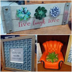 New 3pc Live Laugh Love wall Plaque, Photo frame with stand, Succulent in a chair planter pot.  Take all 3 for $10