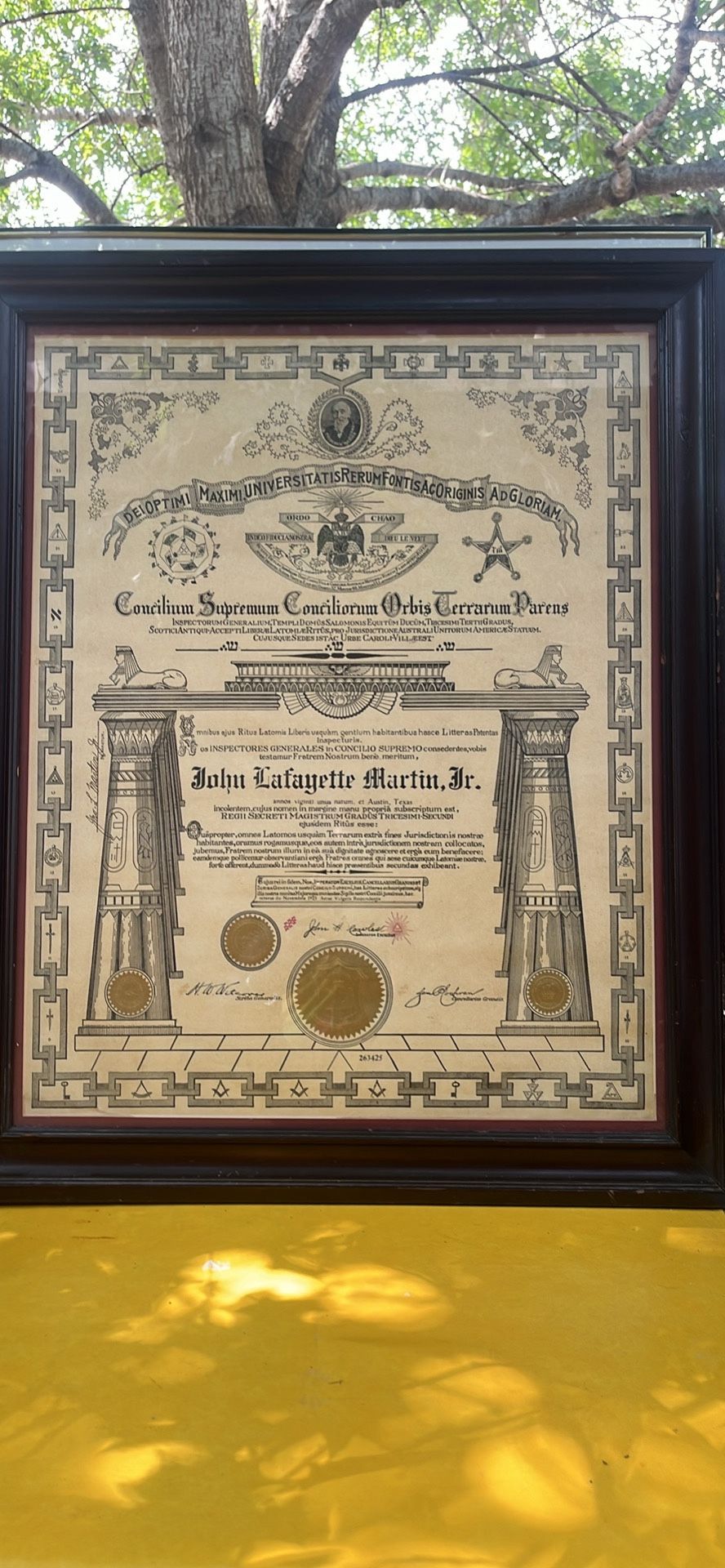 Antique 1923 Latin inscribed Masonic certificate issued to John Lafayette Martin, Jr.
