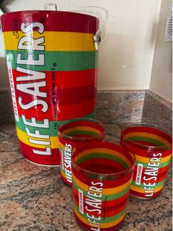Vintage Life Savers Ice Bucket and 3 Glasses