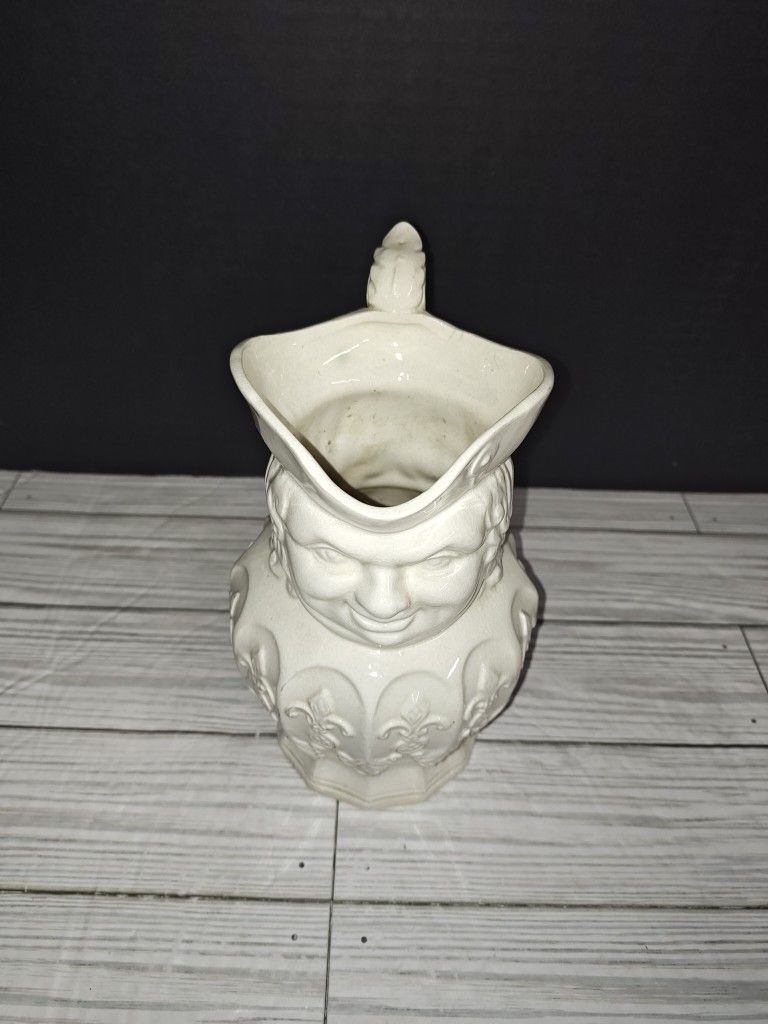 Vintage Frenchman Fleur De Lis Design White Toby Jug / Ceramic Character Pitcher