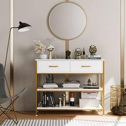 Console Table with Drawers, Vintage Hallway Foyer Table with Storage Shelves, Narrow Long Sofa Entryway Table for Living Room, White/Gold