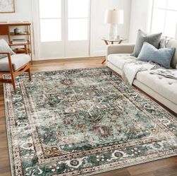 CHAMPLANT Area Rug 8'x10' Green Washable Vintage Traditional Mat Distressed Indoor Foldable Thin Retro Accent Floral Print Non Slip Carpet for Living 