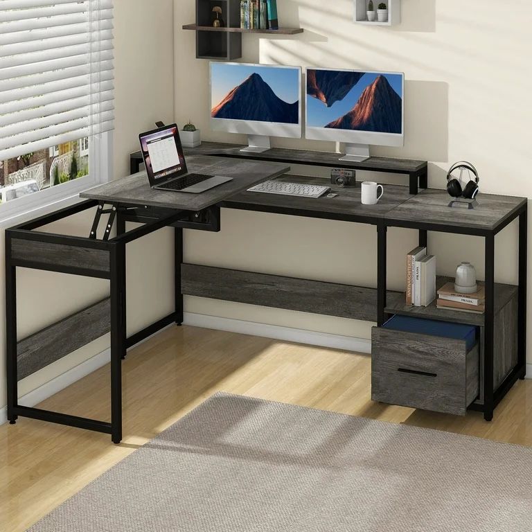 65" L Shaped Desk with Lift Top & Monitor Stand, Computer Desk with File Drawer