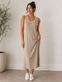 A New Day Beige Maxi Tank Dress | Contrast Trim Size Large NWT