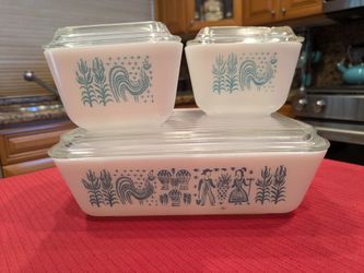 VTG Pyrex Turquoise Amish Butterprint" Refrigerator Bowls (2 501's & 503)  Mint Condition