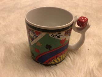 Blackjack poker player mug with actual spinning dice.