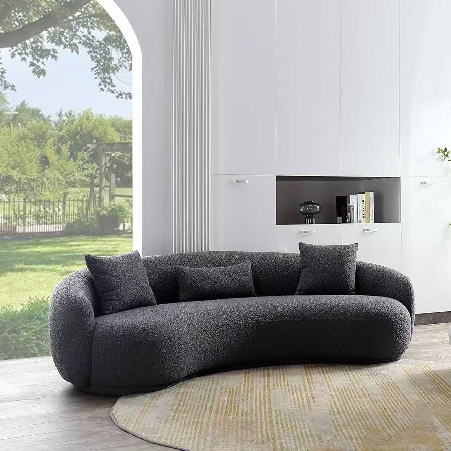 Modern Curved Living Room Sofa, 4-Seat Boucle Fabric Couch for Bedroom, Office, Apartment, Grey,$650