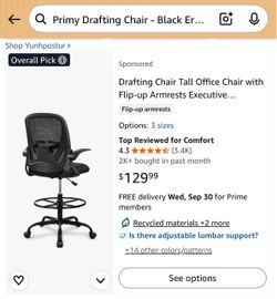 Primy Drafting Chair - Black Ergonomic Office Chair With Lumbar Support