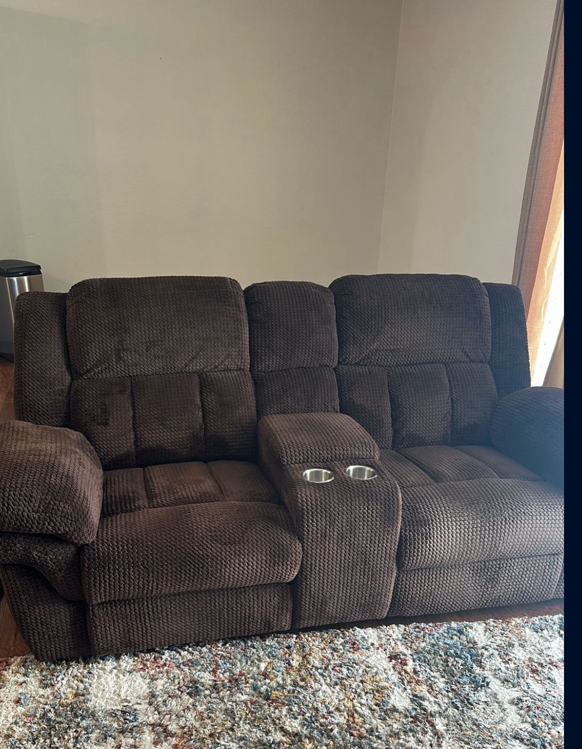 3-Month-Old Trevor Brown Reclining Loveseat w/ Storage & Cup Holders
