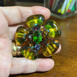 Vintage Brooch With Murano Glass and different Colors Crystals Made as Flower With Five Petals 