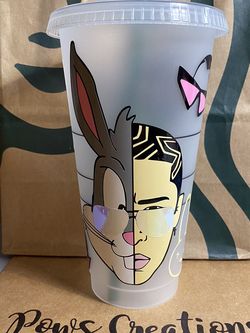 Custom Starbucks Cold Cup Bad Bunny El Conejo Malo Benito venti size with lid and straw