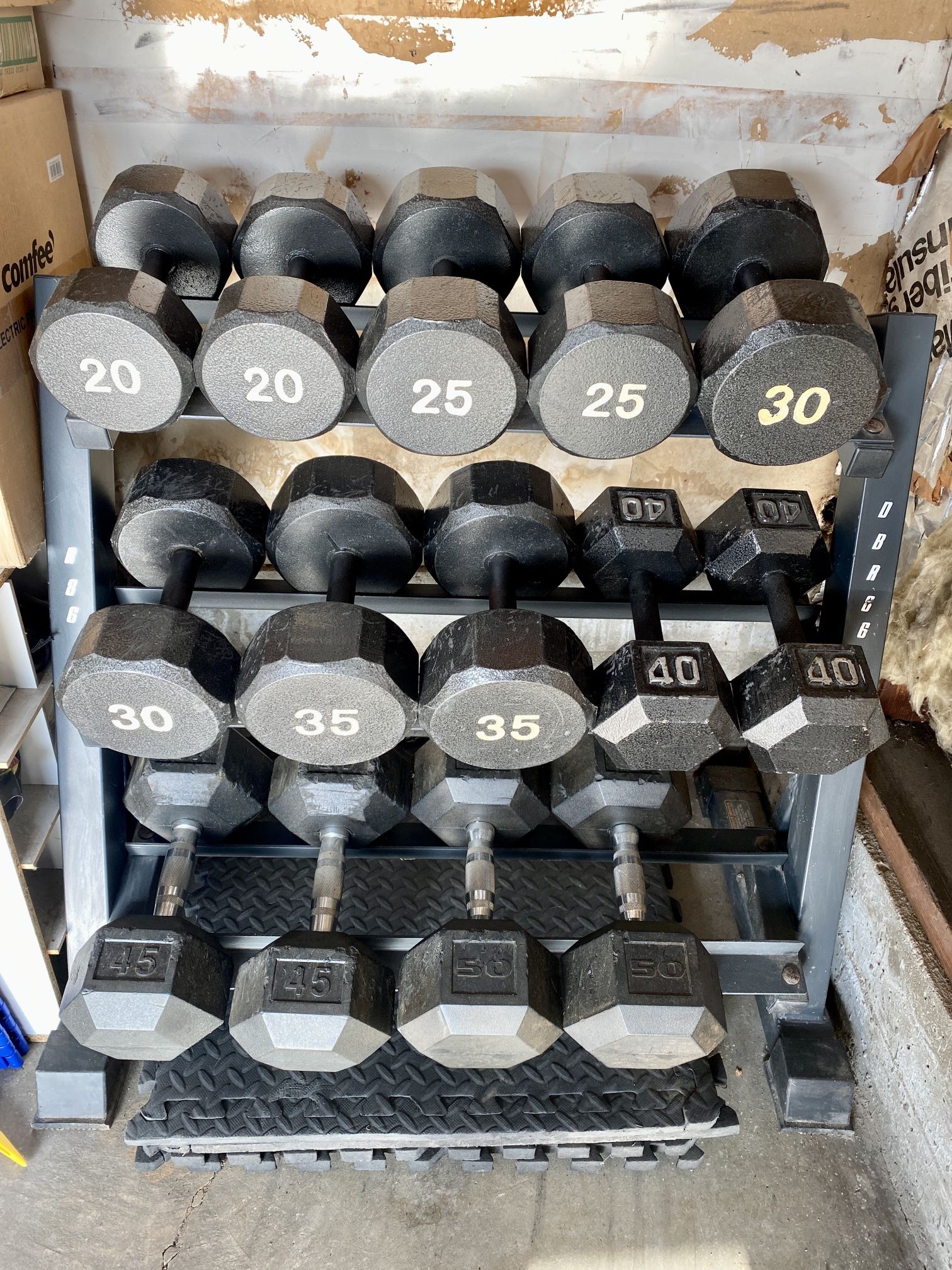 Complete Dumbbell Set 20–50lb w/ Rack + Mat – Great Condition
