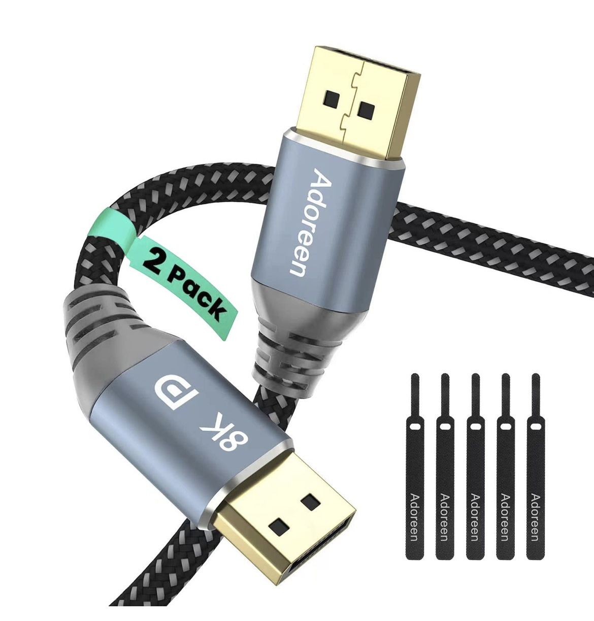  DisplayPort 1.4 Cable 8 Feet/2 Pack, Adoreen DP Cord(From 1.5-30FT)8K@60Hz 4K@144Hz 2K 1080P@240Hz 32.4Gbps HBR3 HDCP HDR,FreeSync G- Sync, Braide🆕✅