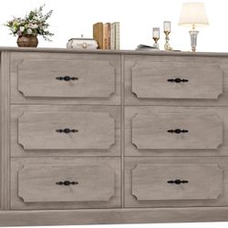 Wood Dresser 6 Drawer, 47.2'' Grey Dresser Farmhouse Dresser Chest of Drawers with Designed Drawer Surfaces, Grey Dresser with Deeper Drawer, Ash Grey