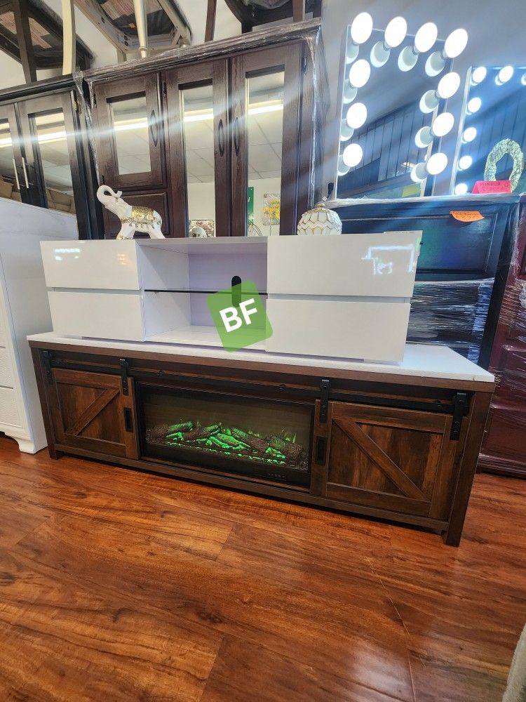 Tv Stand W Fireplace Dark Pine Finish Max Tv Sive 80"h. New Especial Price8