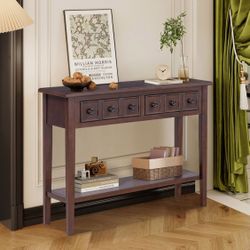 NEW. Espresso Console Table Entryway Table with Open Storage Shelf & Drawers for Living Room Hallway, Rubber Wood Legs