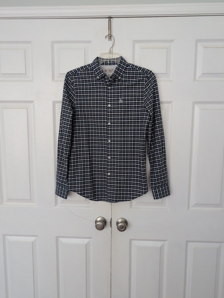 Men's Penguin Blue Plaid Dress Shirt Size S