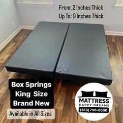 King Size Box Springs Available From 2" Inches Thick Low Profile To 9" Inches In All Sizes: Twin, Full, Queen, Cali-King New From Factory Same Day Del