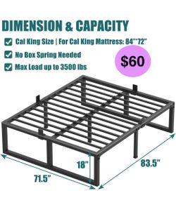 18” California King Bed Frame, 18 Inch High 3500 lbs Metal Platform, Mattress Foundation with Steel Slat Support/No Box Spring Needed/Noise Free/Non-S