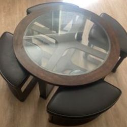 Dark Walnut Round Coffee Table w/ 4 Stools