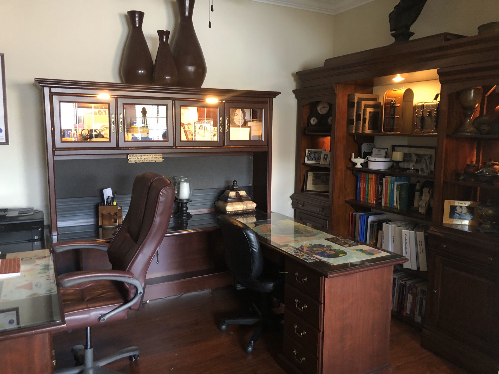 Office desk with bookshelf