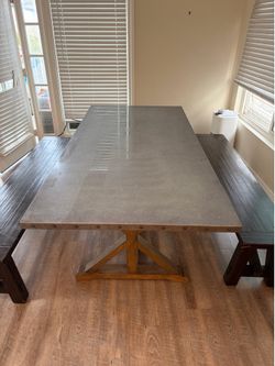 Zinc Top Industrial Dining Table Set with 2 Solid Wood Benches (Seats 8)