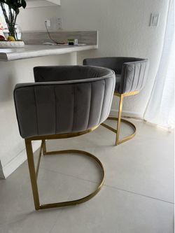 2 x Counter Height Stool, Modern Velvet Bar Stool with Golden Metal Frame Channel Tufted for Kitchen Island&Dining Room&Bar, Grey