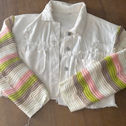 White jean jacket with crochet sleeves