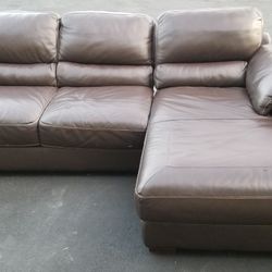 8.5ft Couch With Chaise Lounge Faux Leather Sectional Brown With Stitching Accents