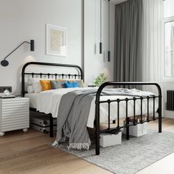 Queen size Metal Platform Bed Frame Victorian Style, No Box Spring Required