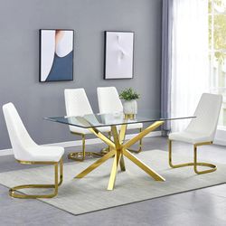 RETRO VIBE WHITE BONDED LEATHER CHAIRS GOLD BASE GLASS TOP 5 PIECE DINING TABLE SET