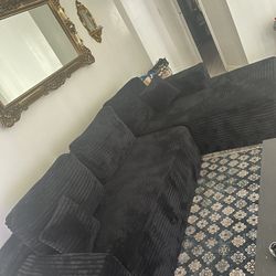 Black Plush Corduroy Sectional Sofa