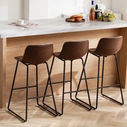 Set of 3 Brown Faux Leather Bar Stools