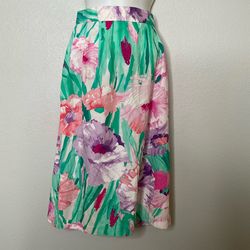 Vintage bright FloralSummer Skirt In Bright Pink, Purple & Turquoise Pleaded Size S-M