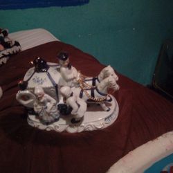 Vintage Blue And White Porcelain Horse Carriage 