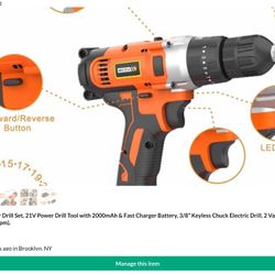  Cordless Power Drill Set, 21V Power Drill Tool with 2000mAh & Fast Charger Battery, 3/8” Keyless Chuck Electric Drill, 2 Variables Speed(0-1500 rpm),