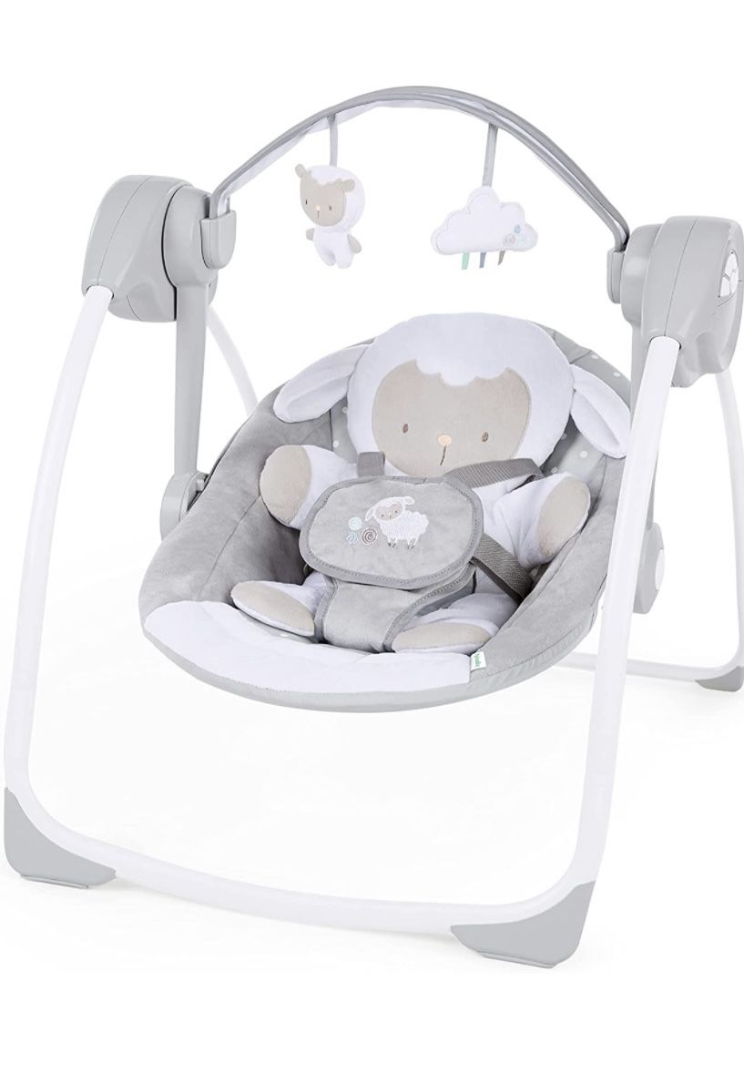 Ingenuity Comfort 2 Go Compact Portable 6-Speed Cushioned Baby Swing with Music, Folds Easy, 0-9 Months 6-20 lbs (Cuddle Lamb)