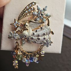 Kirks Folly Angel Cat Beaded Glitter Pin Brooch 3" Crystals Charms Rhinestones Collectible Animals Cats Pets Gold