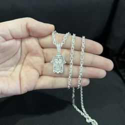 925 Sterling Silver Women Men Small Hamsa Hand Talisman & Oval Forz Chain