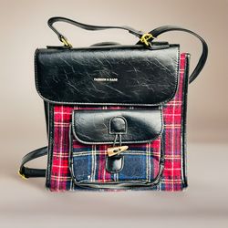 Faux Leather Tartan Backpack Bag 