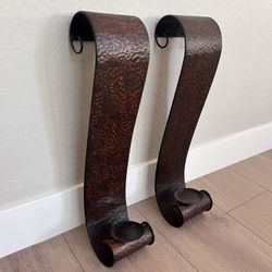 Pair Of TWO 23” Tall Bronze Galvanized Metal Wall Pillar Candle Holders